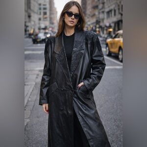 Vintage Global Identity Long Leather Trench Coat Black Lace Detail Size M Korea